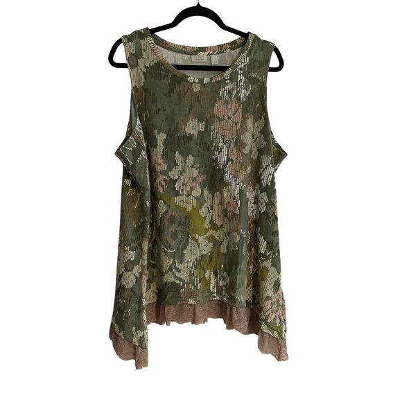 LOGO LOUNGE Lori Goldstein 2X Green Floral Knit Asymmetric Lace Hem Tunic Tank - Picture 1 of 9